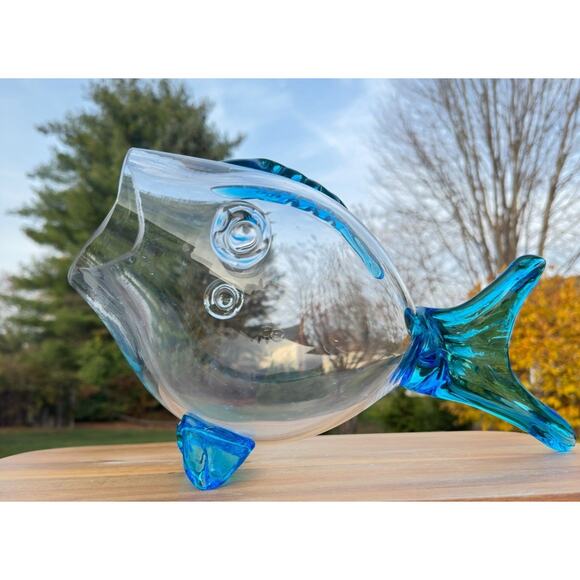 Vintage Blenko Style Clear & Blue Handblown Art Glass Fish Sculpture Vase 14”